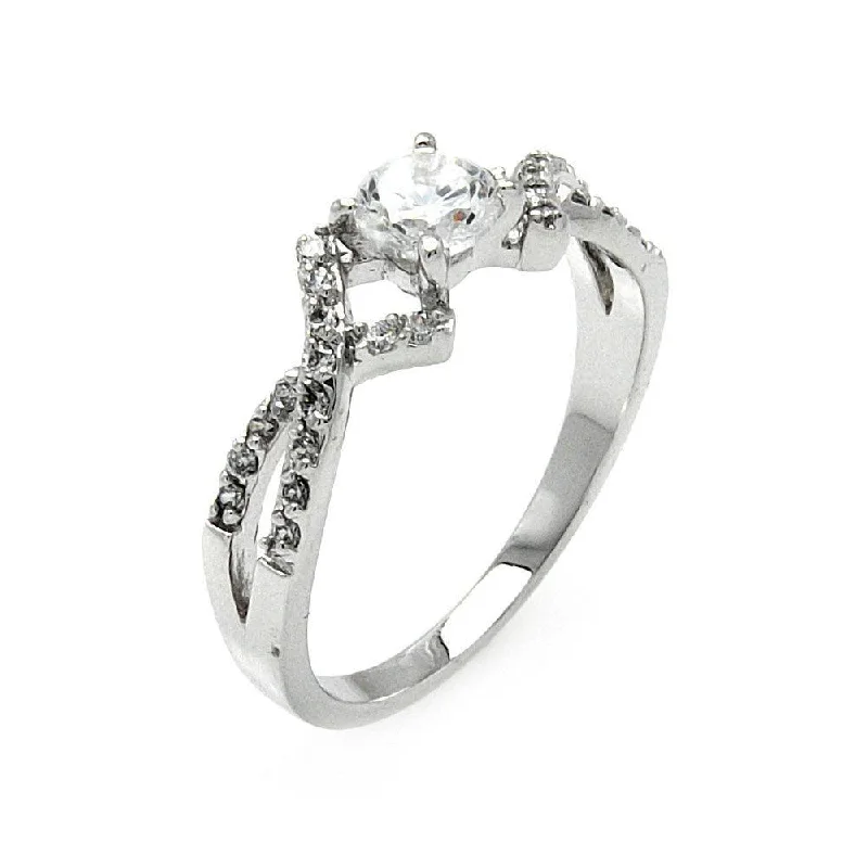 Ladies rings stainless steel options-Silver 925 Rhodium Plated Clear Round Center CZ Overlap Ring - BGR00473