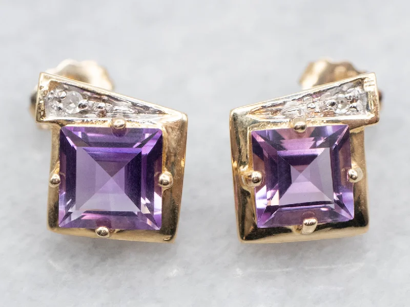 Ladies earrings layered drop designs-Square Cut Amethyst and Diamond Stud Earrings