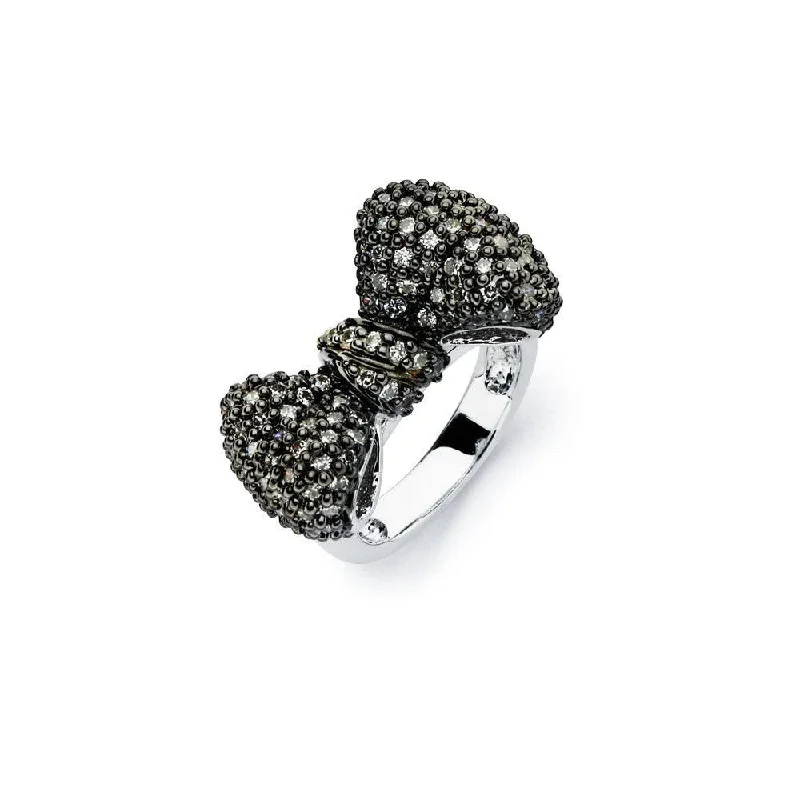 Ladies rings easy care rings-Silver 925 Rhodium and Black Rhodium Plated 2 Toned Black Micro Pave Set CZ Bow Ring - BGR00579