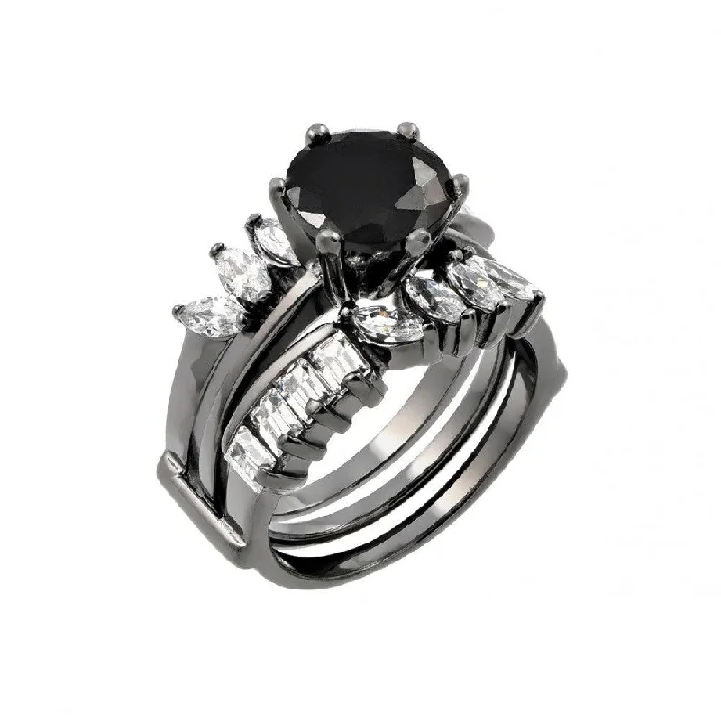 Ladies rings Thai intricate rings-Silver 925 Black Rhodium Plated Black Center Clear Baguette Marquise CZ Ring - STR00757BLK