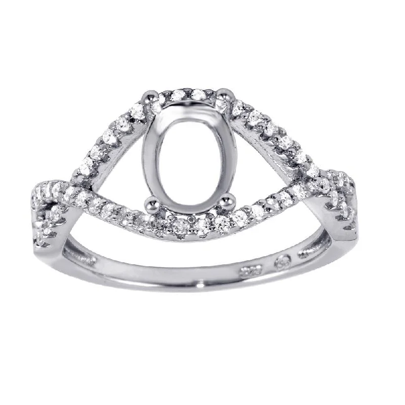 Ladies rings moon phase designs-Rhodium Plated 925 Sterling Silver Twisted Center Mounting Ring with CZ - BGR00933