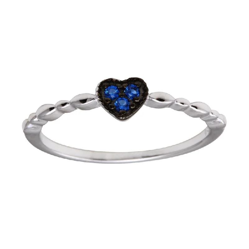 Ladies rings minimalist daily wear-Rhodium Plated 925 Sterling Silver Heart 3 Blue CZ Ring - BGR01227BLU