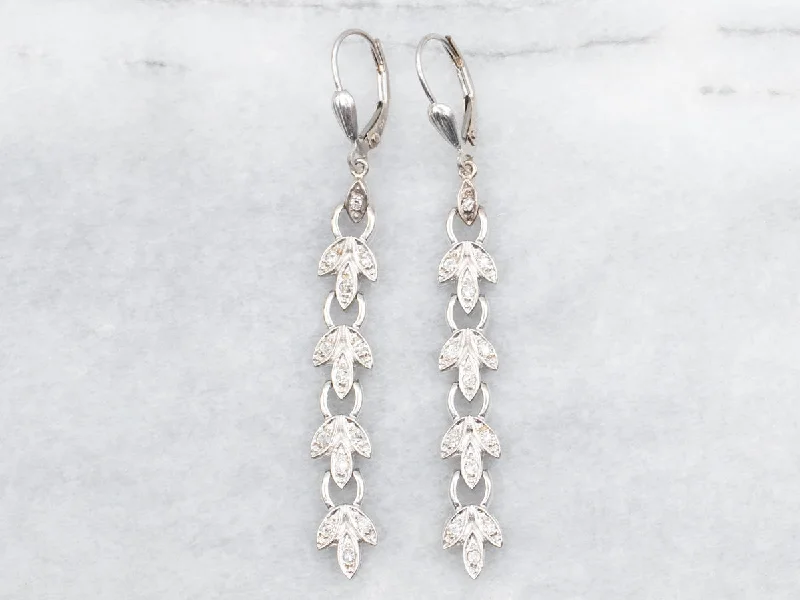 Ladies earrings ethical diamond designs-Long Botanical Gold Diamond Drop Earrings