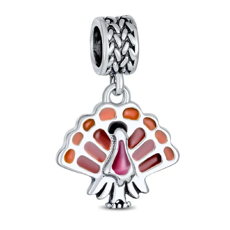 ladies bracelet trendy white gold-Thanksgiving Turkey Dangle Charm Bead Brown Enamel for European Bracelet Silver