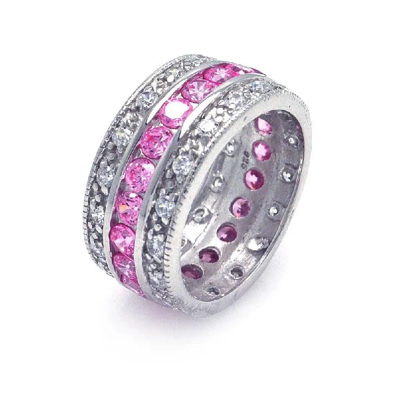 Ladies rings open band patterns-Silver 925 Rhodium Plated Clear and Pink CZ Channel Eternity Ring - STR00508PNK