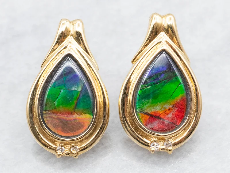 Ladies earrings radiant shine designs-Modern Ammolite and Diamond Gold Stud Earrings