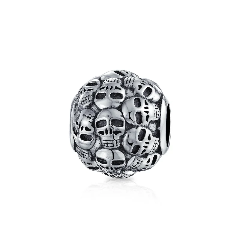 ladies bracelet crystal-Round Barrel Skeleton Skulls Charm Bead Sterling Silver for European Bracelet