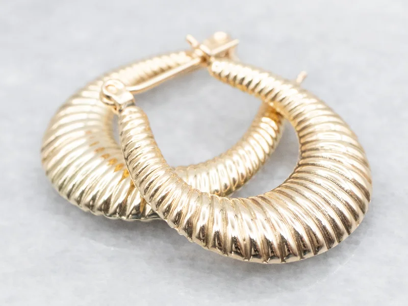 Ladies earrings loose drop styles-Vintage Ribbed Yellow Gold Hoop Earrings