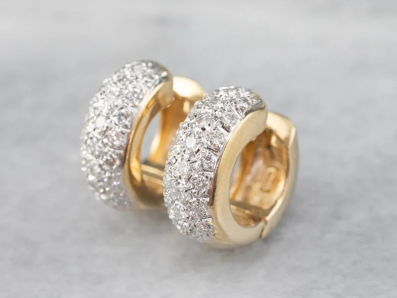 Ladies earrings romantic floral styles-Diamond Encrusted Gold Huggie Hoop Earrings