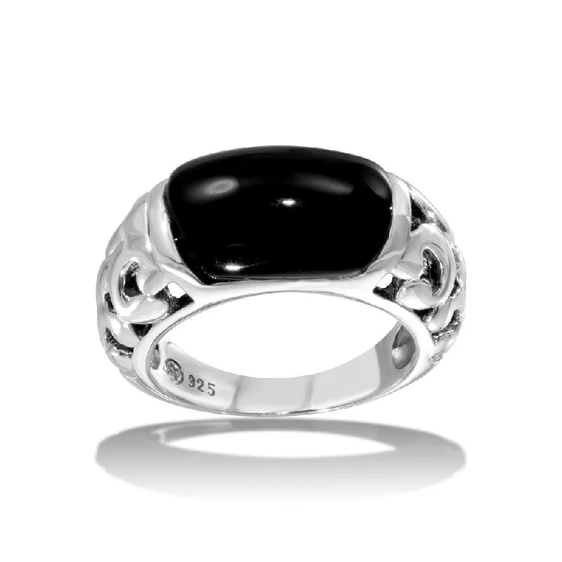 Ladies rings 2025 style trends-High Polished 925 Sterling Silver Black Stone Ring - CR00719