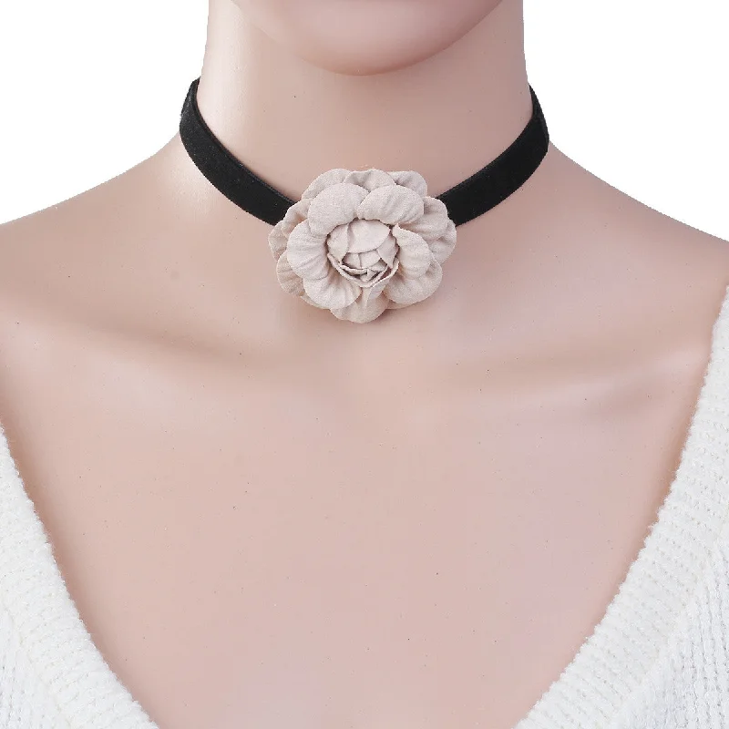 ladies necklace casual gold-Sexy Sparkles New Style Black Choker Necklace with Peachy Beige Flower