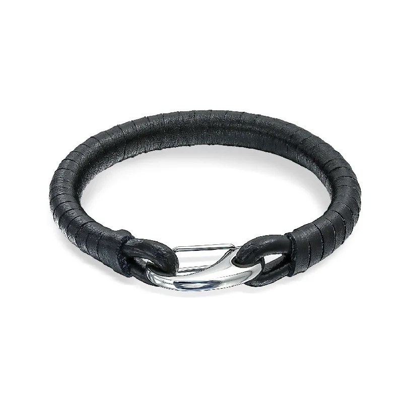 ladies bracelet stretch-Unisex Black Woven Leather Cuff Bracelet with Large Stainless Hook Clasp