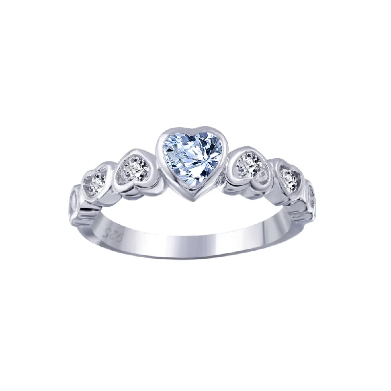 Ladies rings worldwide fashion appeal-Silver 925 Rhodium Plated Blue Center CZ Heart Ring - BGR00014B