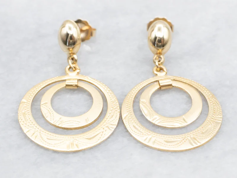 Ladies earrings filigree detail designs-Etched Gold Circle Drop Earrings