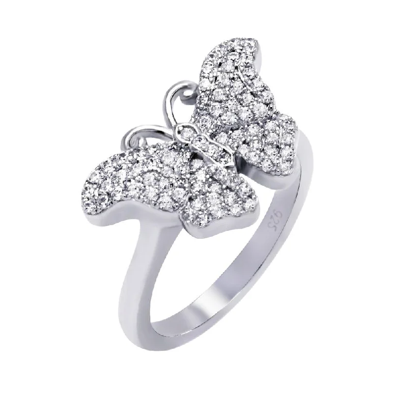 Ladies rings summer vibe designs-Silver 925 Rhodium Plated Micro Pave CZ Butterfly Ring - ACR00050