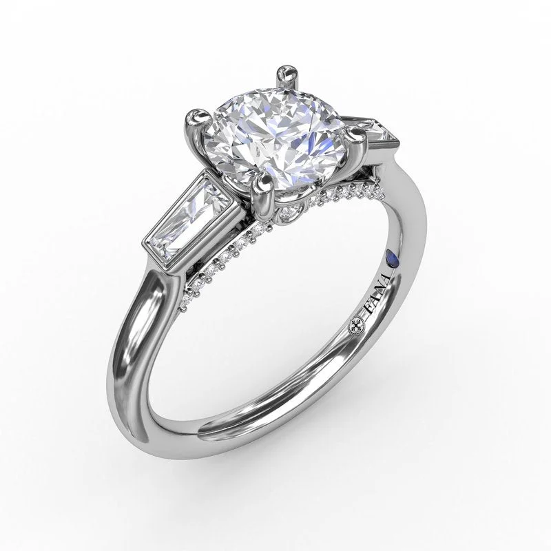 Ladies engagement rings luxurious solitaires-Three-Stone Round Diamond Engagement Ring With Tapered Baguettes