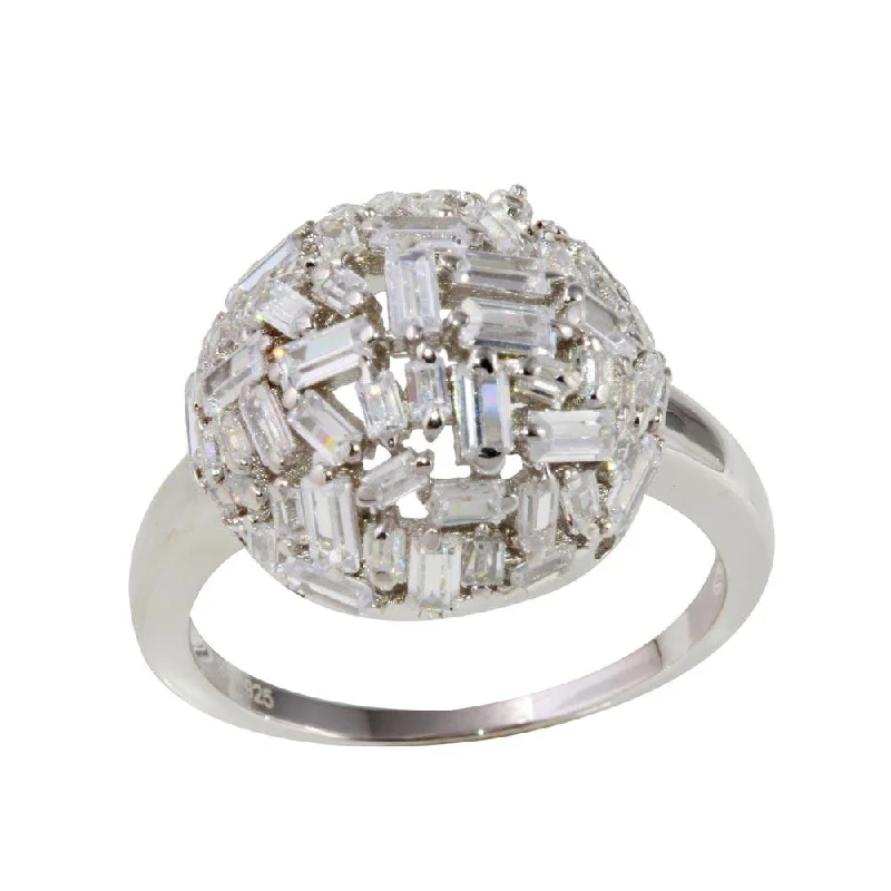 Ladies rings floral cluster rings-Rhodium Plated 925 Sterling Silver Half Sphere Ring with Rectangle CZ - STR01070