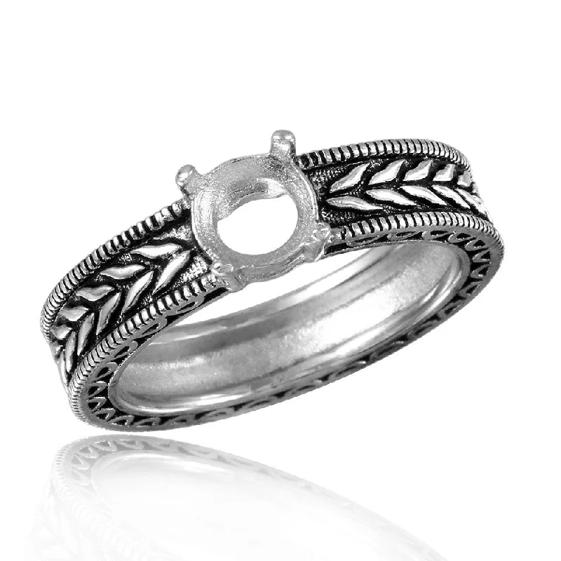 Ladies rings oversized bold rings-Silver 925 Rhodium Plated Braided Band Design Round Stone Mounting Ring - BGR00484