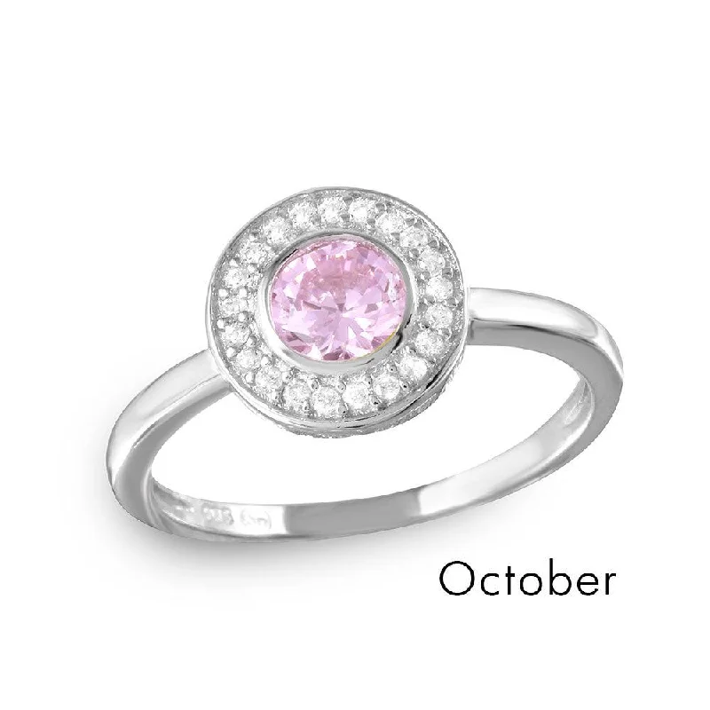 Ladies rings cascading stone rings-October Sterling Silver 925 Rhodium Plated CZ Center Birthstone Halo Ring - BGR01082OCT