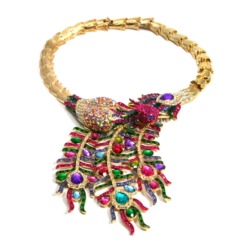 ladies necklace artistic-Peacock Necklace, Gold