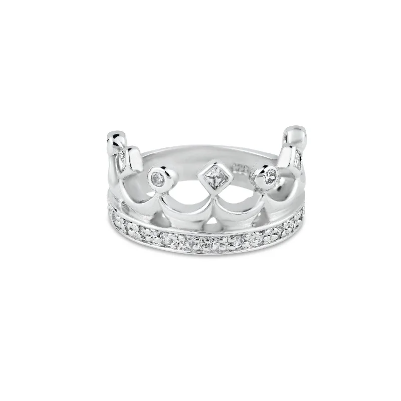 Ladies rings festive holiday gifts-Silver 925 Rhodium Plated Clear CZ Crown Ring - BGR00002