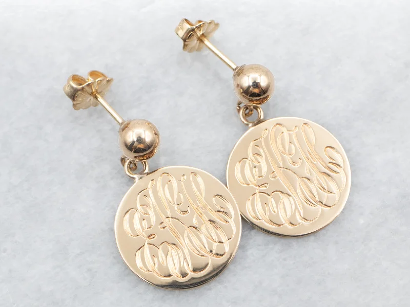 Ladies earrings signature piece designs-Yellow Gold "EKH" Monogrammed Disc Drop Earrings