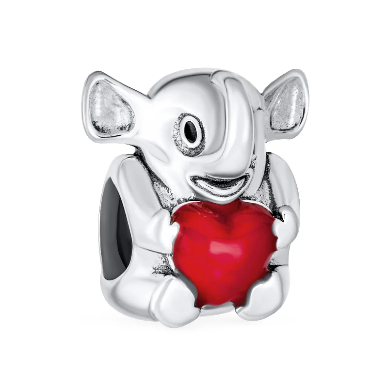 ladies bracelet aquamarine-Red Heart Elephant Charm Bead in Sterling Silver for European Bracelets