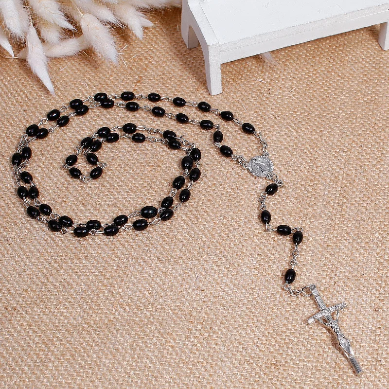 ladies necklace subtle-SEXY SPARKLES Christian/Catholic Jesus Religious Prayer Rosary Beads Y Shaped Lariat Black Color Necklace