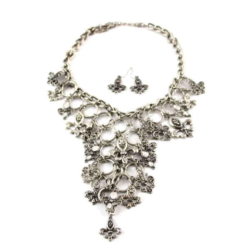 ladies necklace for her-Fleur De Lis Charm Necklace & Earrings