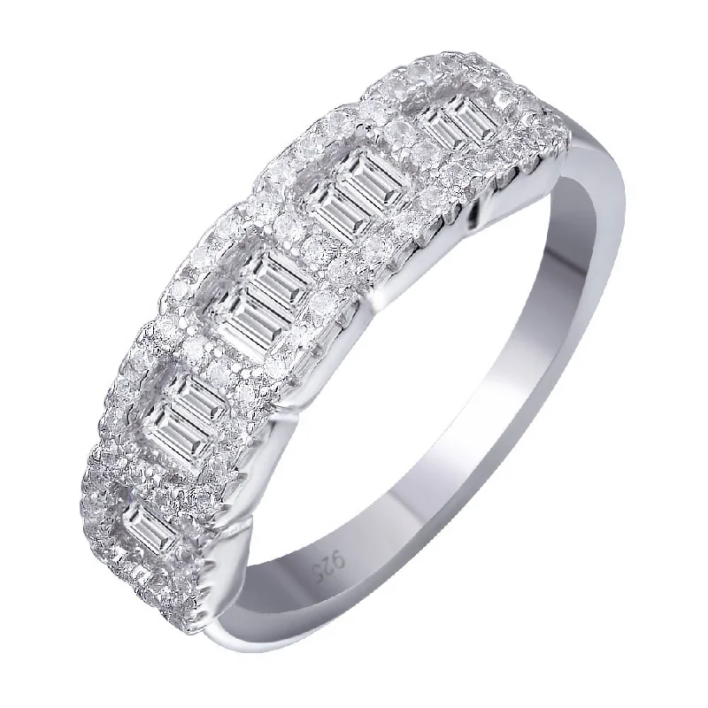 Ladies rings tapered band rings-Rhodium Plated 925 Sterling Silver 5 Square CZ Stone Ring - BGR01166