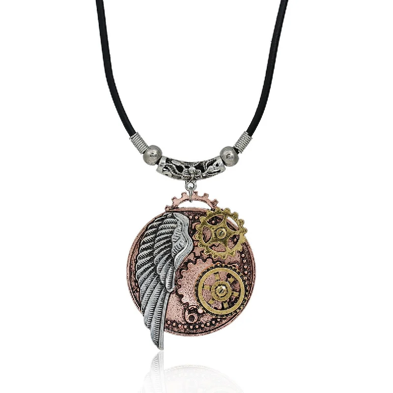 ladies necklace topaz-SEXY SPARKLES steampunk necklaces Black Cord Chain Multicolor Round Wing Gear Pendant for women