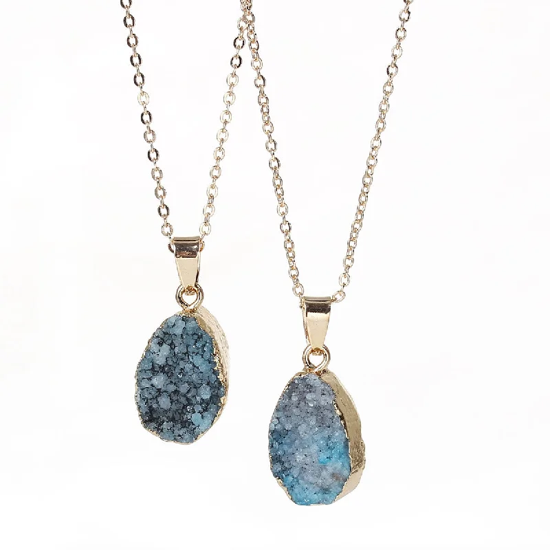 ladies necklace bib-SEXY SPARKLES Natural Stone Druzy Drusy Necklace Pendant Link Cable Chain Peacock Blue Drop