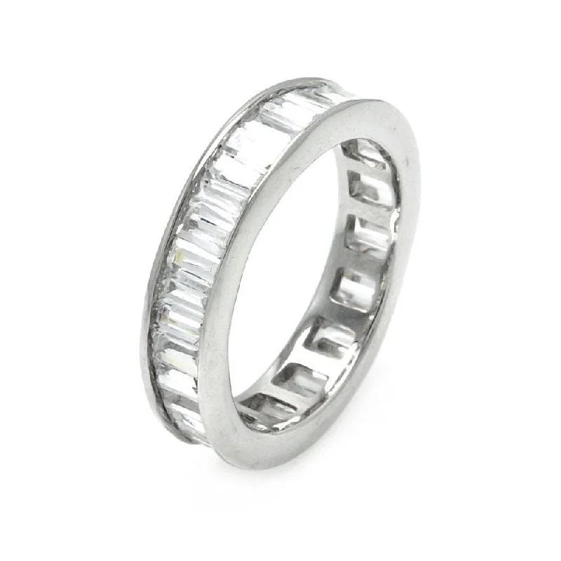 Ladies rings sparkle detail designs-Clearance-Silver 925 Rhodium Plated Channel Set Baguette CZ Stackable Eternity Ring - STR00124CLR