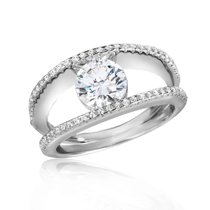 Ladies rings cabochon stone styles-Silver 925 Rhodium 2 Row CZ Band with A 7mm Center Stone Ring - STR01046