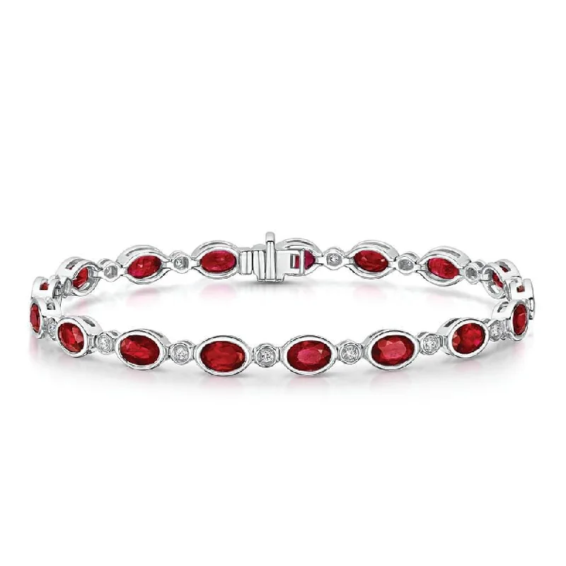 ladies bracelet flower silver-18ct White Gold Oval Ruby & Diamond Rubover Set Line Bracelet