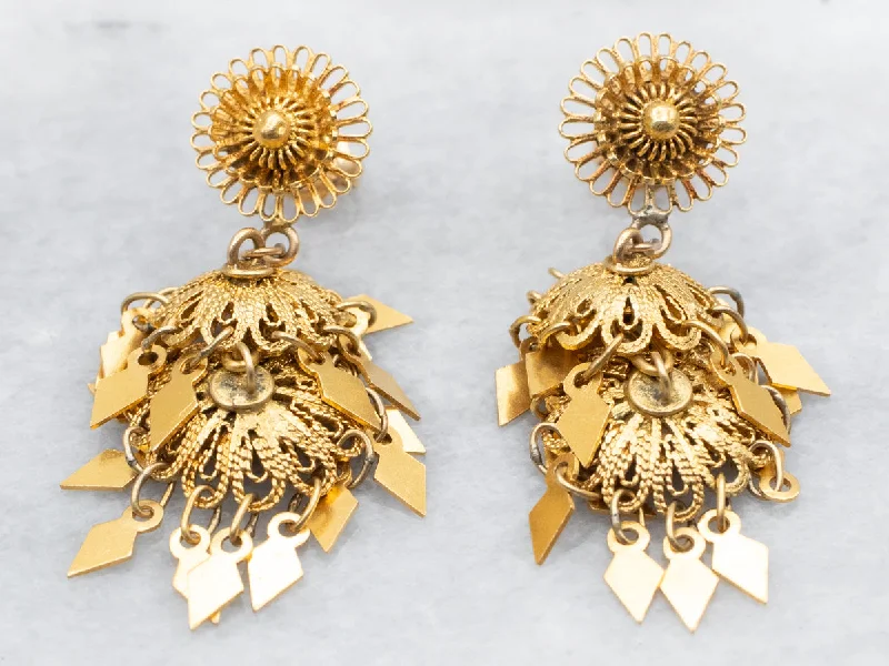 Ladies earrings Italian crafted earrings-Gold Filigree Chandelier Drop Earrings