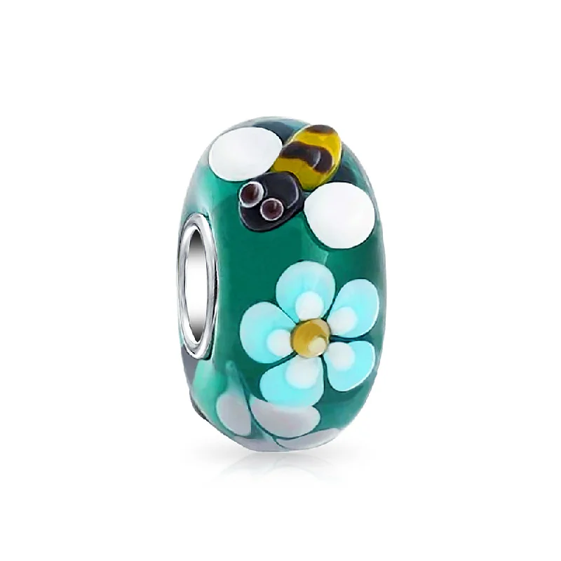 ladies bracelet engraved-Teal Silver Bee Flower Murano Glass Charm Bead for European Bracelets