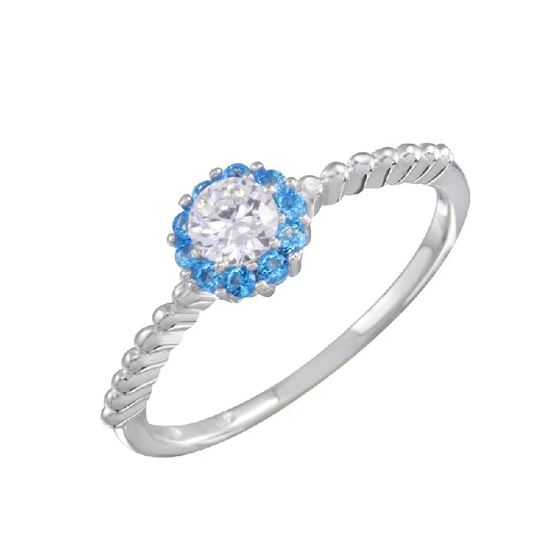 Ladies rings angled cut rings-Rhodium Plated 925 Sterling Silver Round Blue and Clear CZ Ring - BGR01155