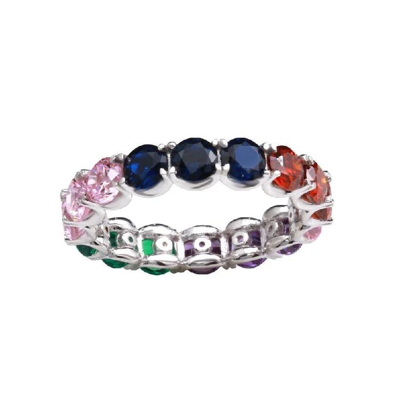 Ladies rings polished shiny designs-Rhodium Plated 925 Sterling Silver Multi-Colored Round CZ Stone Ring - GMR00272RBC