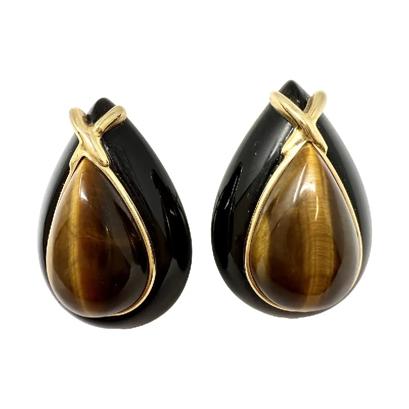 Ladies earrings soft touch styles-Teardrop Shaped Onyx Earrings with Tiger Eye and 14K Gold Accent