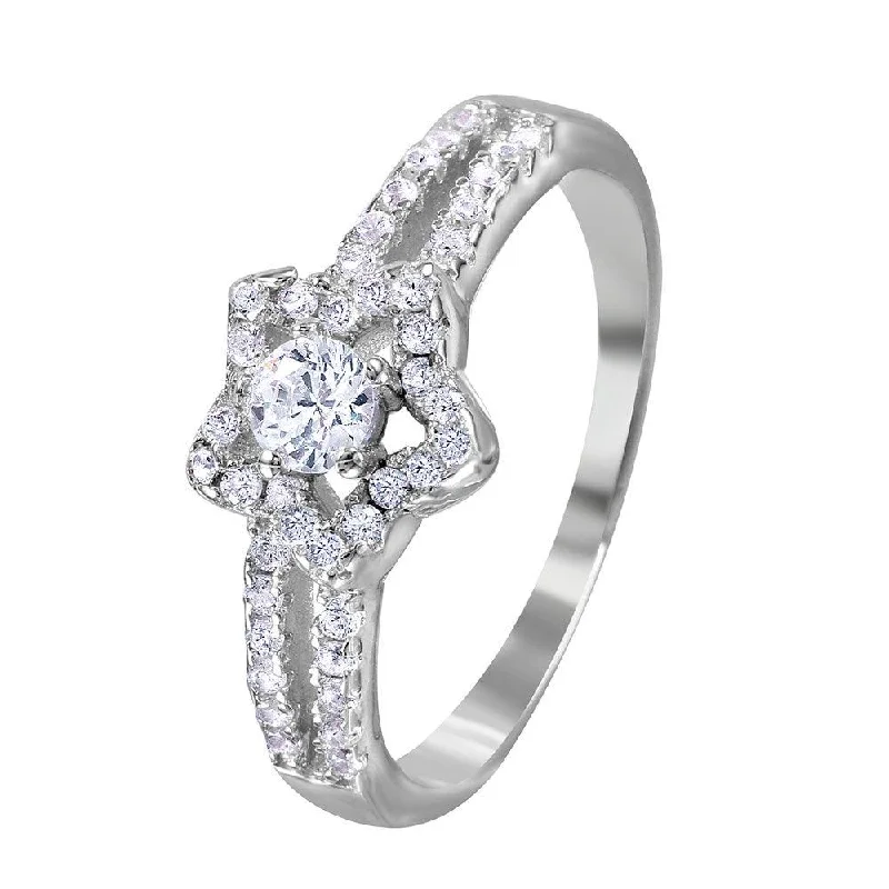 Ladies rings rococo elegance rings-Silver 925 Rhodium Plated Split Shank Open Star CZ Encrusted Ring - BGR01033