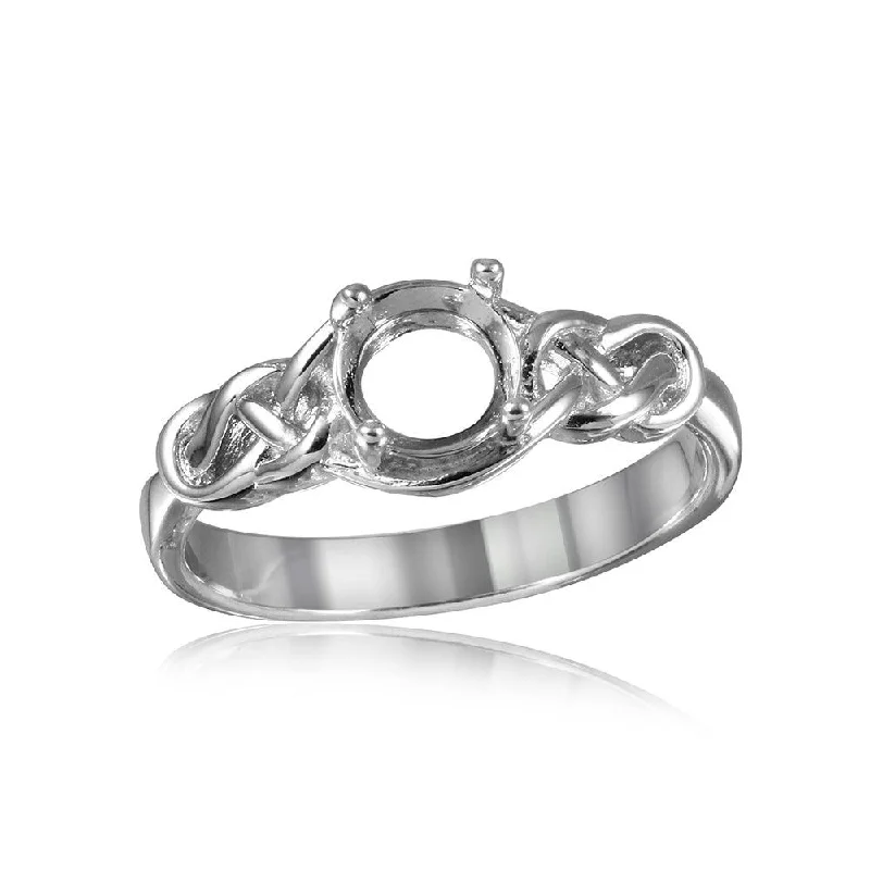 Ladies rings rounded edge designs-Silver 925 Rhodium Plated Knot Shank Single Stone Mounting Ring - BGR00488