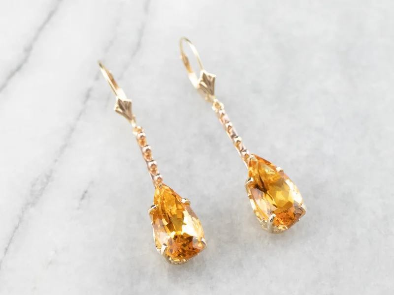 Ladies earrings expressionist designs-Pear Cut Citrine Gold Bar Drop Earrings