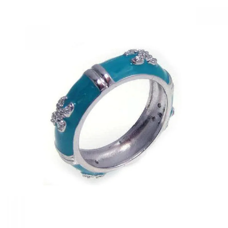 Ladies rings comfort curve styles-Silver 925 Rhodium Plated Aqua Enamel CZ Eternity Ring - STR00541