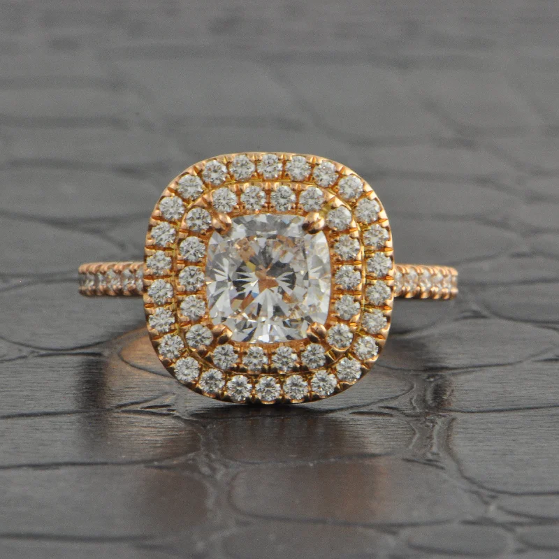 Ladies engagement rings statement rings-GIA 1.41 D-VS2 Cushion Cut Diamond Halo Engagement Ring in Rose Gold