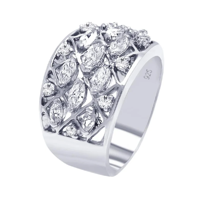 Ladies rings nature-inspired patterns-Silver 925 Rhodium Plated Multi CZ Mesh Ring - AAR0060