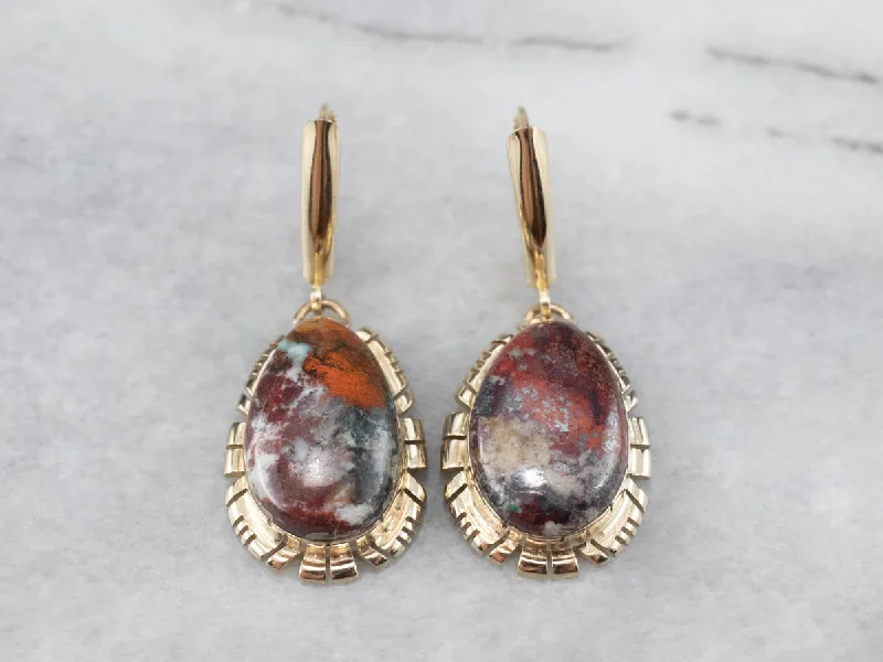 Ladies earrings graduated size designs-Gold and Jasper Drop Earrings