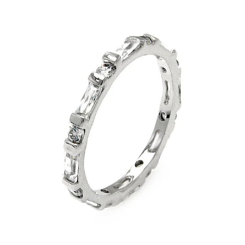 Ladies rings champagne diamond styles-Silver 925 Rhodium Plated Clear Round and Baguette CZ Stackable Eternity Ring - BGR00556