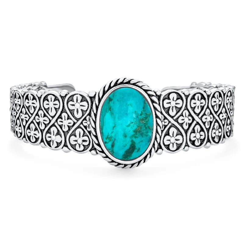 ladies bracelet everyday silver-Southwestern Turquoise Gemstone Cuff Bracelet with Sterling Silver Lattice Design