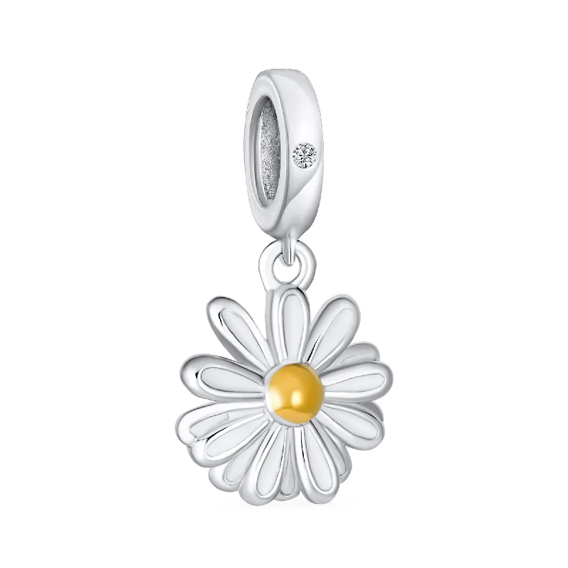 ladies bracelet bohemian-White Sunflower Daisy Charm Bead 14K Gold Plated Sterling Silver for Bracelets